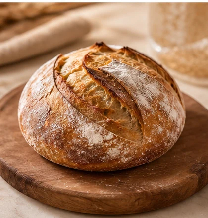 Rustic artisan bread loaf on a wooden board
