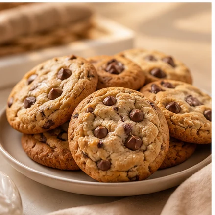 Fresh chocolate chip cookies arranged on a warm bakery plate