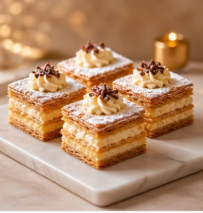 Layered cream pastries with powdered sugar and premium styling